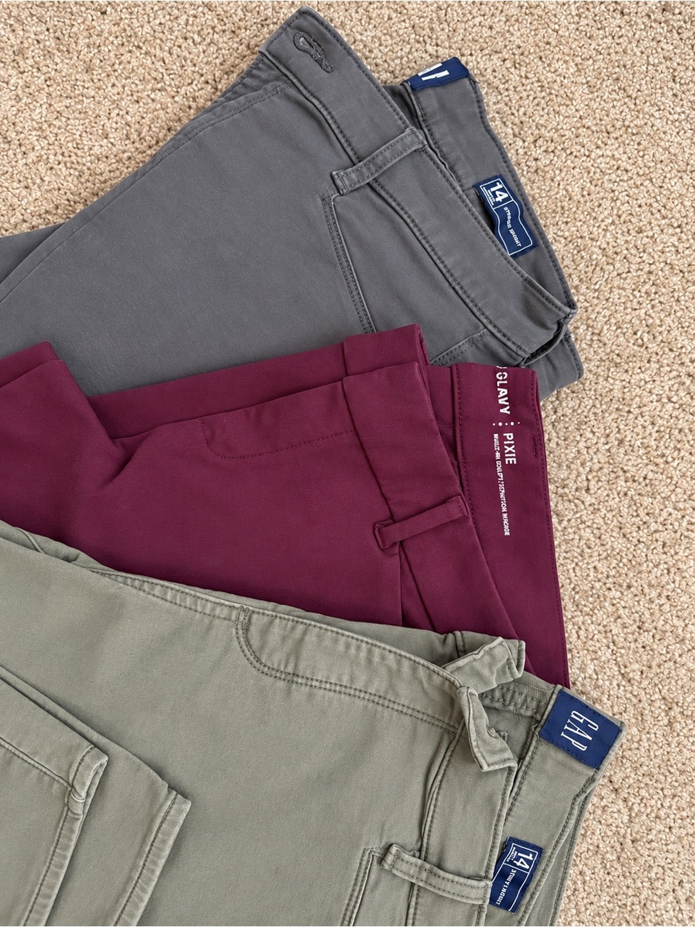Old Navy Pixie and GAP Chino Pants Trio in Gray, Burgundy & Olive